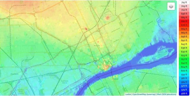خريطة الارتفاع في ديترويت